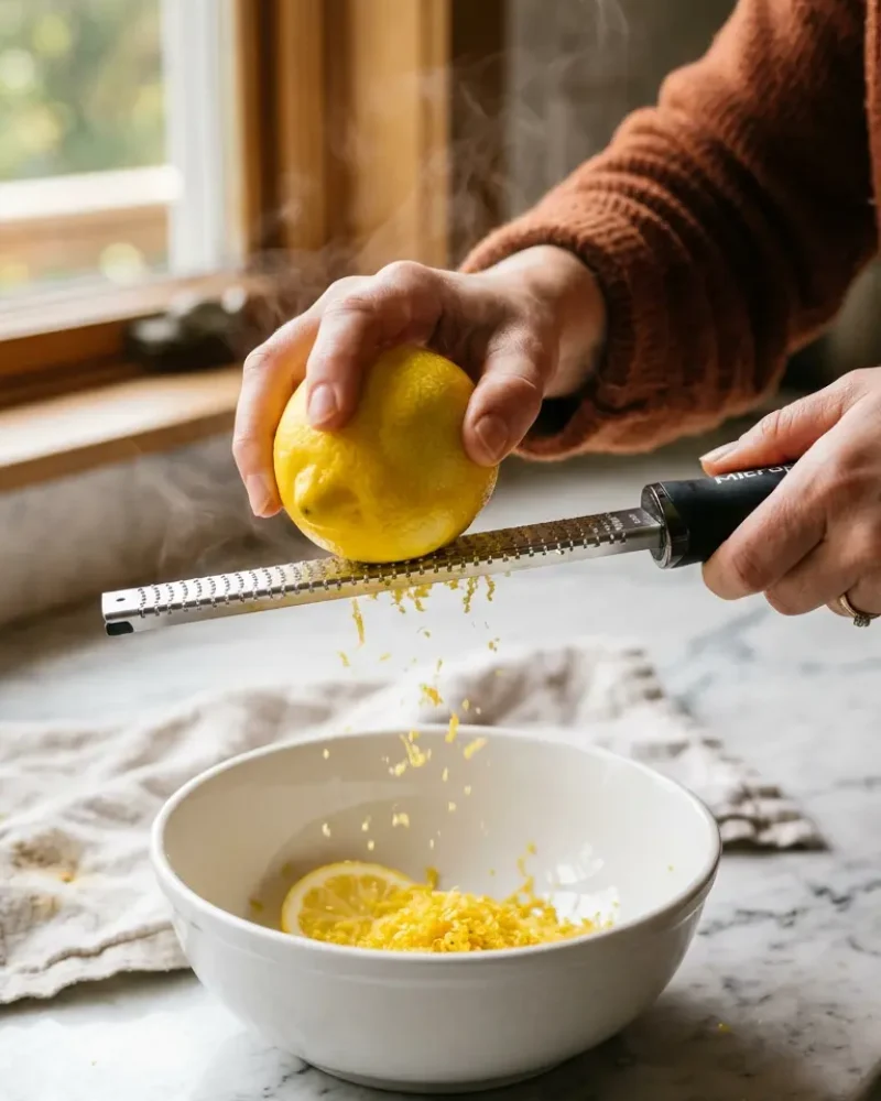 Zesting fresh lemon into a bowl during mini lemon cake preparation