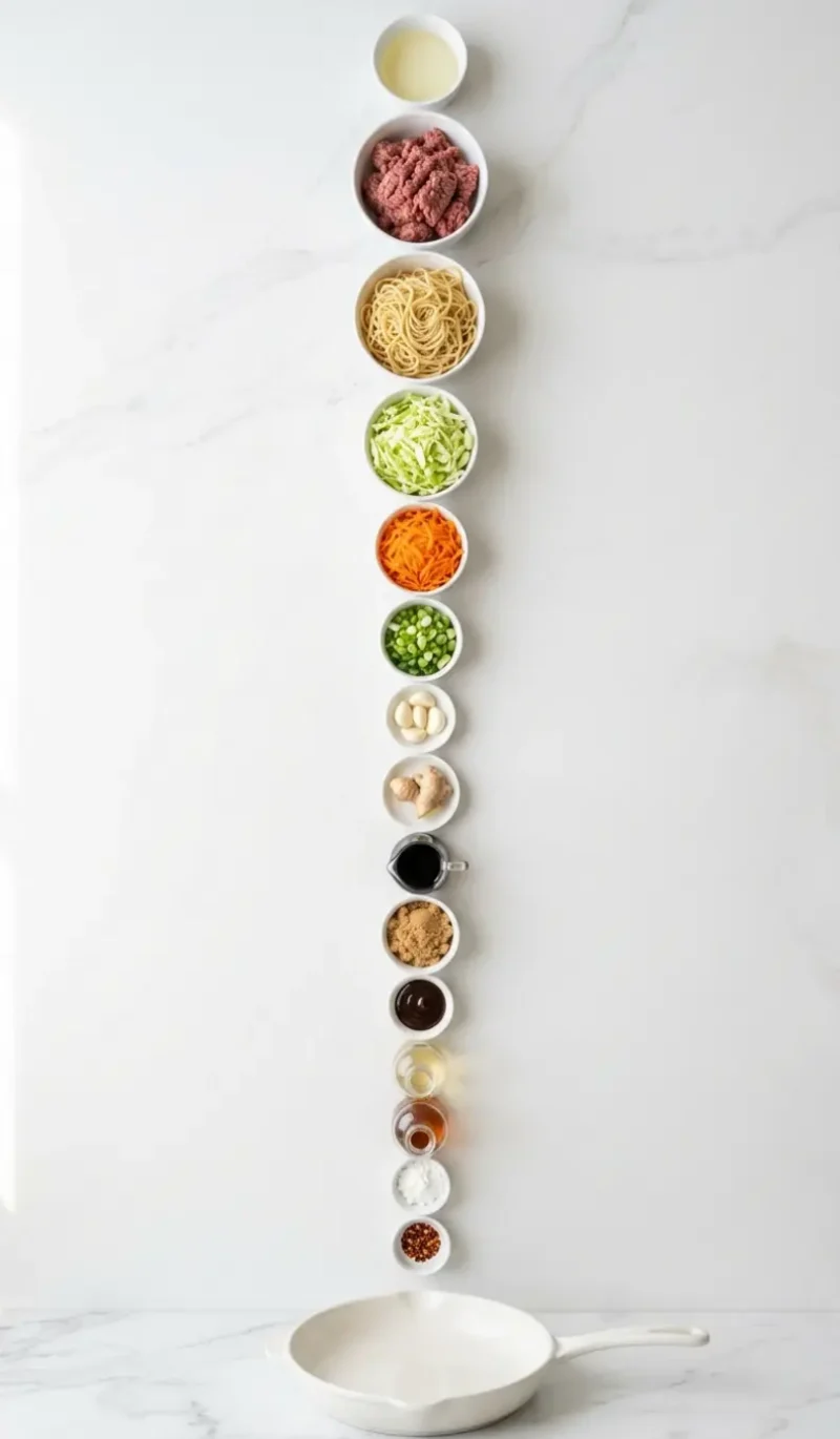 All 15 ingredients for Mongolian Ground Beef Noodles arranged vertically on white marble