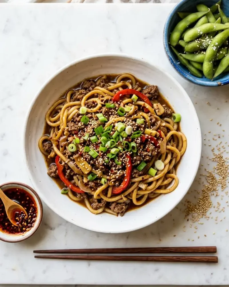 overhead view of Mongolian ground beef noodle stir fry with edamame and chopsticks