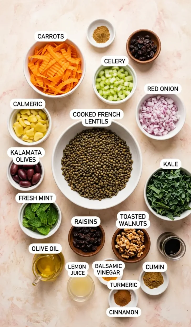 15 labelled ingredients for Moroccan Lentil Carrot Salad (Vegan) arranged on cream and blush plaster, each labelled