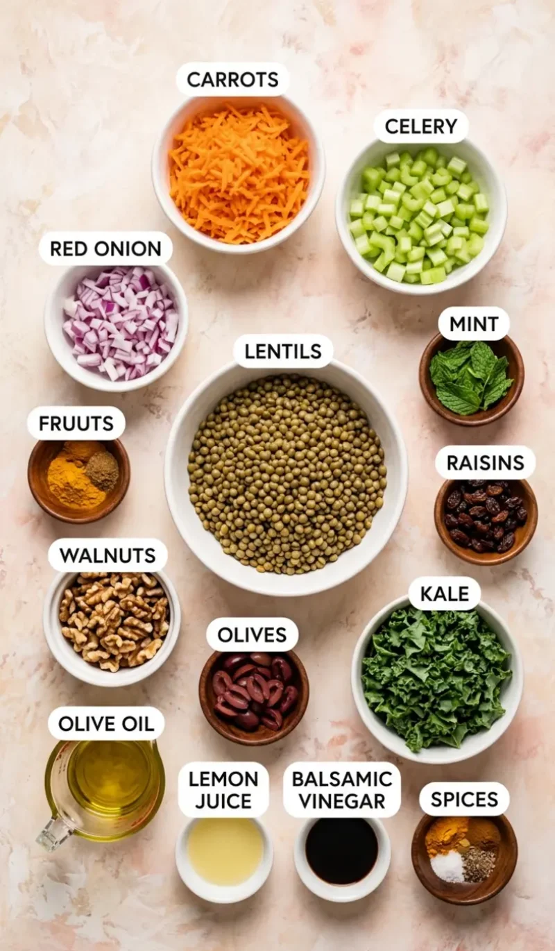 Labelled overhead flatlay of all 13 ingredients for Moroccan lentil carrot salad vegan on a cream and blush plaster surface