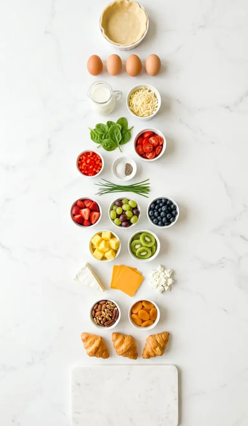 Exploded view of all 21 ingredients for Mother's Day Brunch Board arranged vertically on white marble
