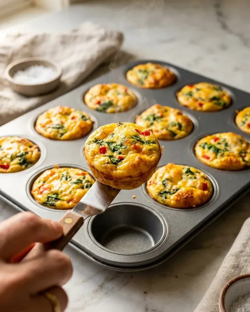 Golden mini quiches being lifted from a muffin tin during Mother's Day brunch board preparation