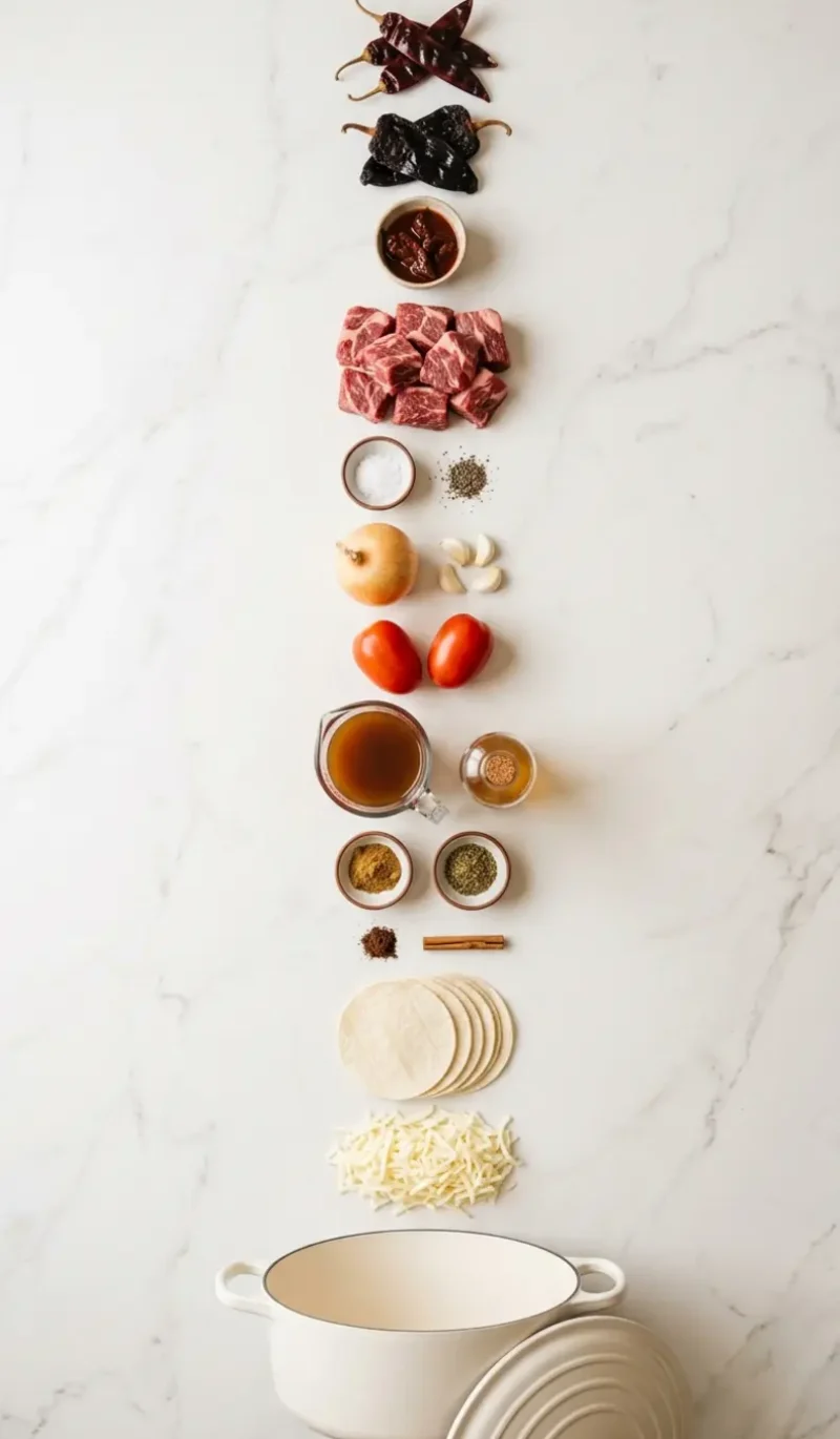 Exploded view of all 17 ingredients for My Fave Birria Tacos arranged vertically on white marble