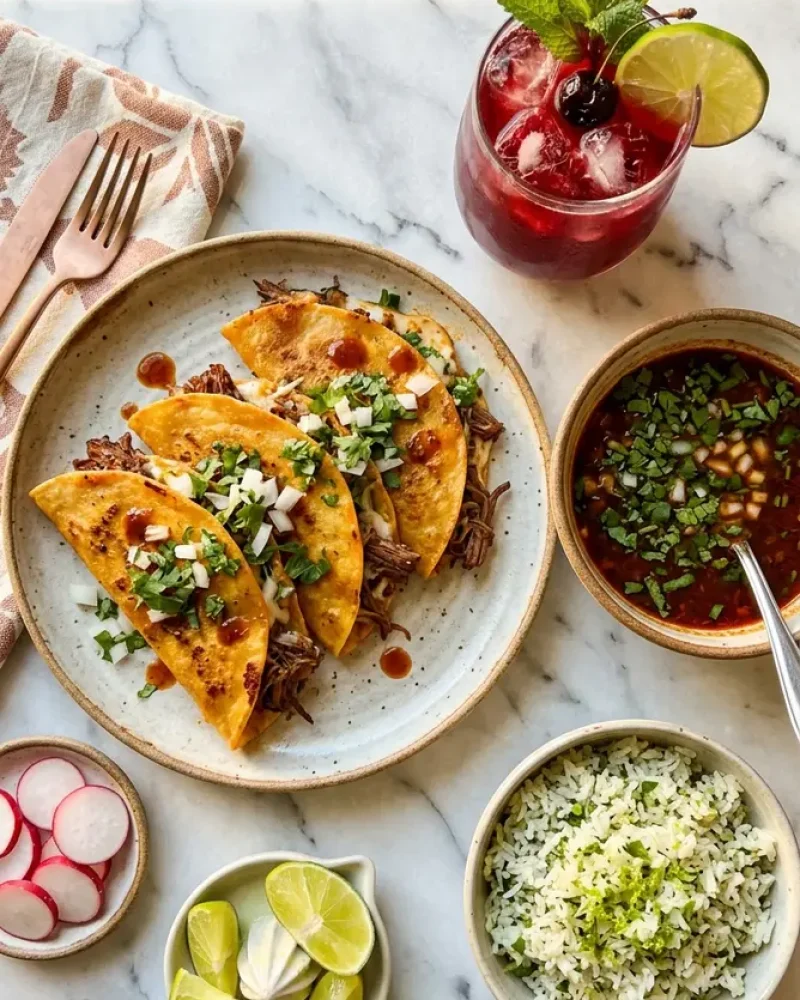 Overhead view of My Fave Birria Tacos served with consommé and tart cherry mocktail