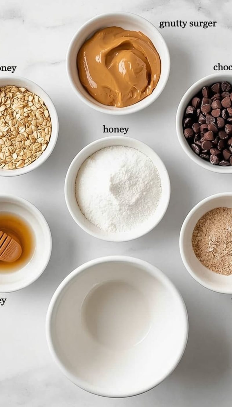 Exploded view of all ingredients for peanut butter energy bites arranged vertically