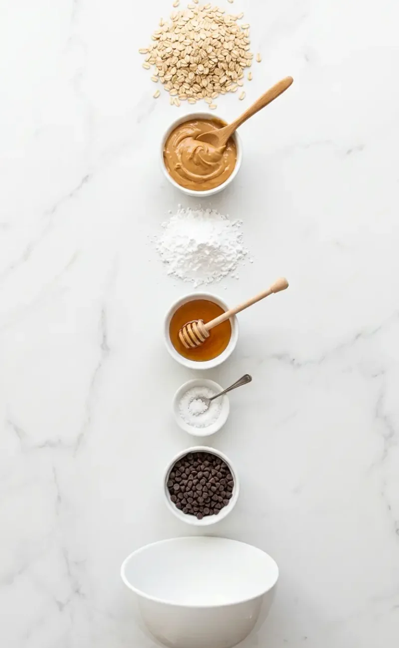 Exploded view of all ingredients for no-bake peanut butter energy bites