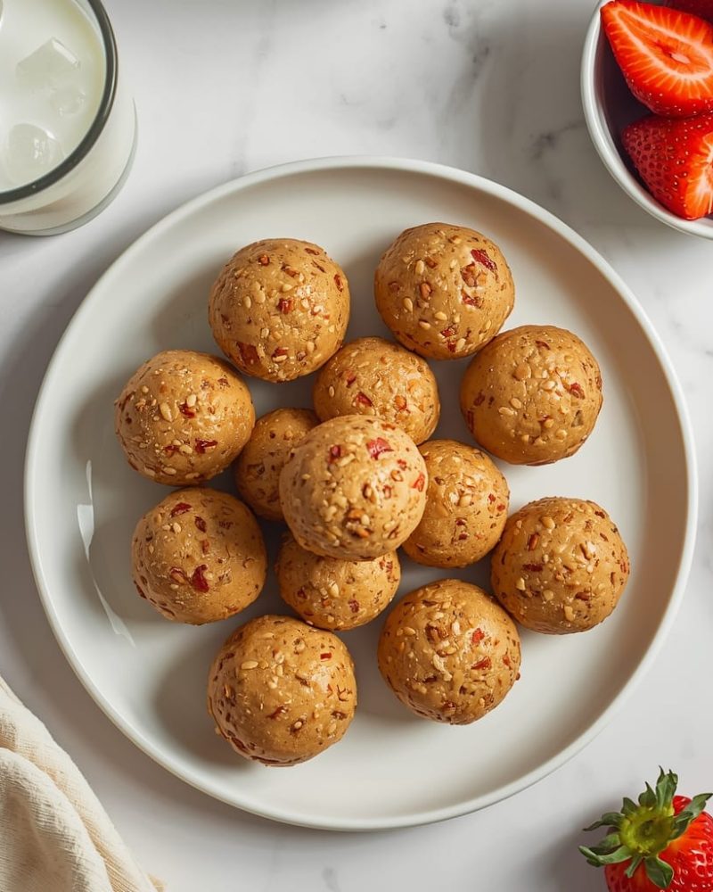 Overhead view of peanut butter energy bites with milk and strawberries