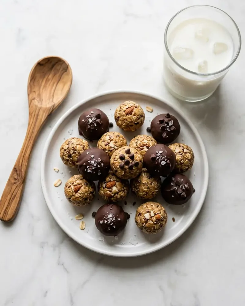 Overhead view of finished no-bake peanut butter energy bites with milk