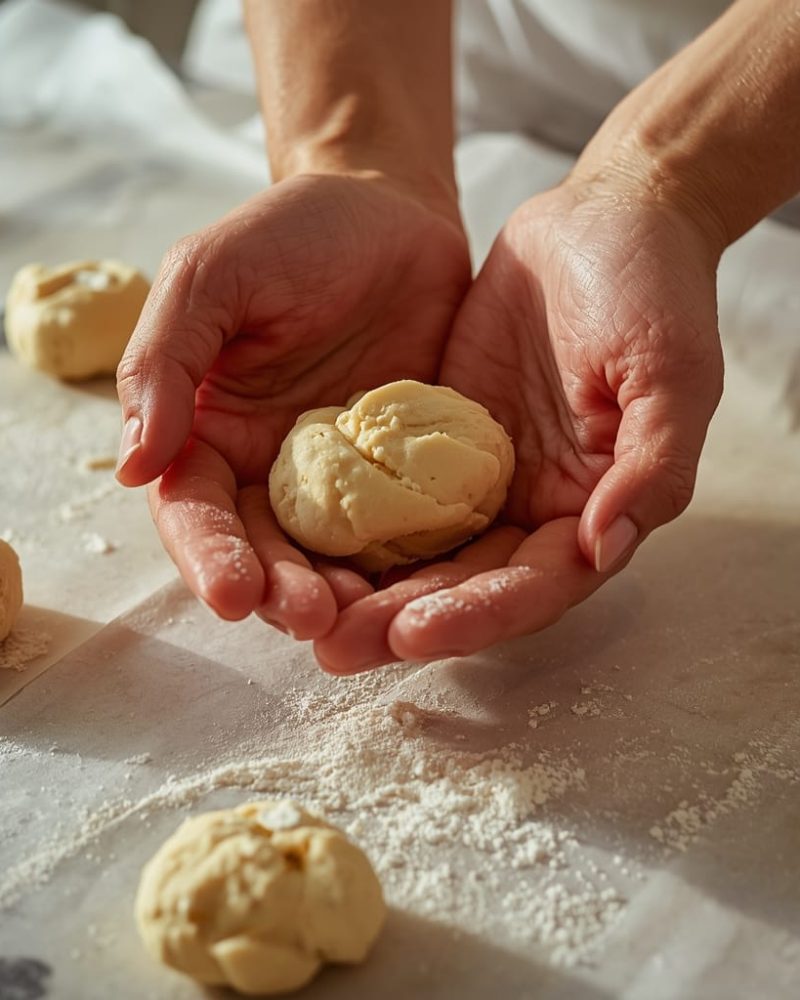 Rolling peanut butter energy bite dough between palms