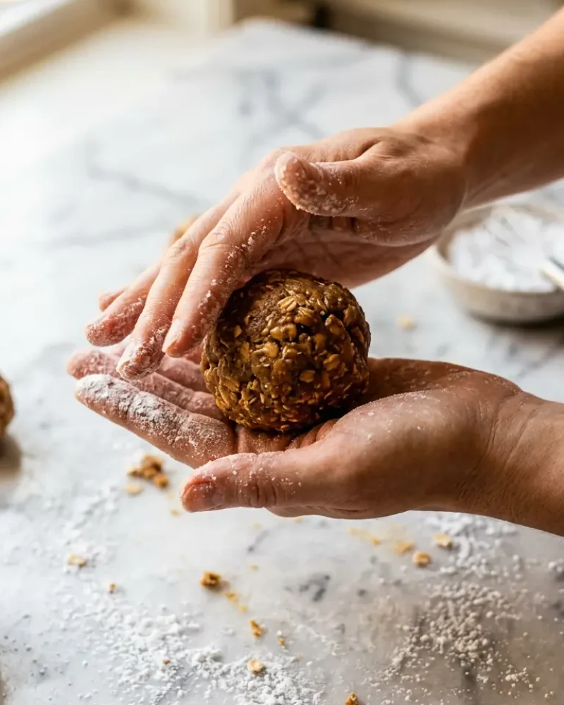 Rolling peanut butter energy bite dough into balls