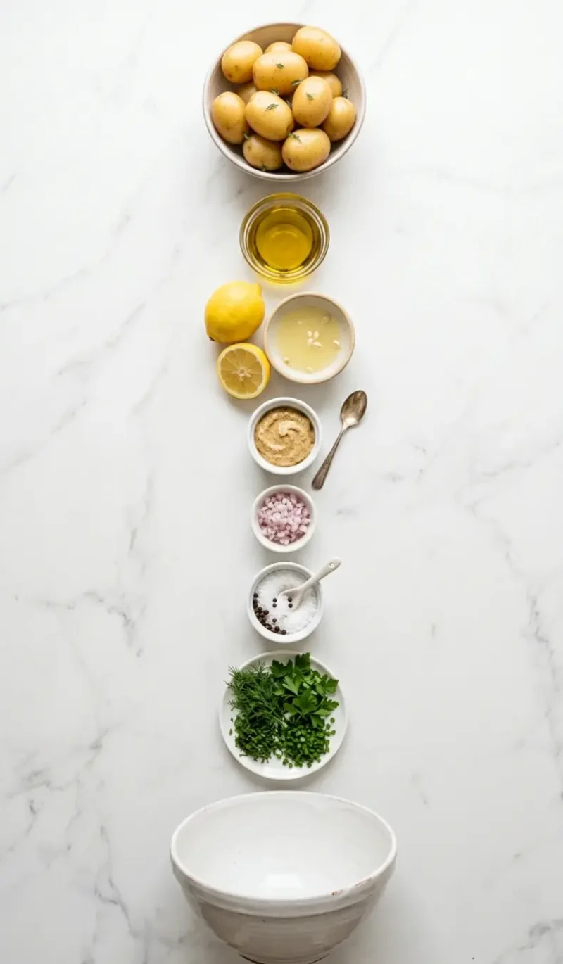 Exploded view of all 7 ingredients for no-mayo potato salad with herbs arranged vertically on white marble