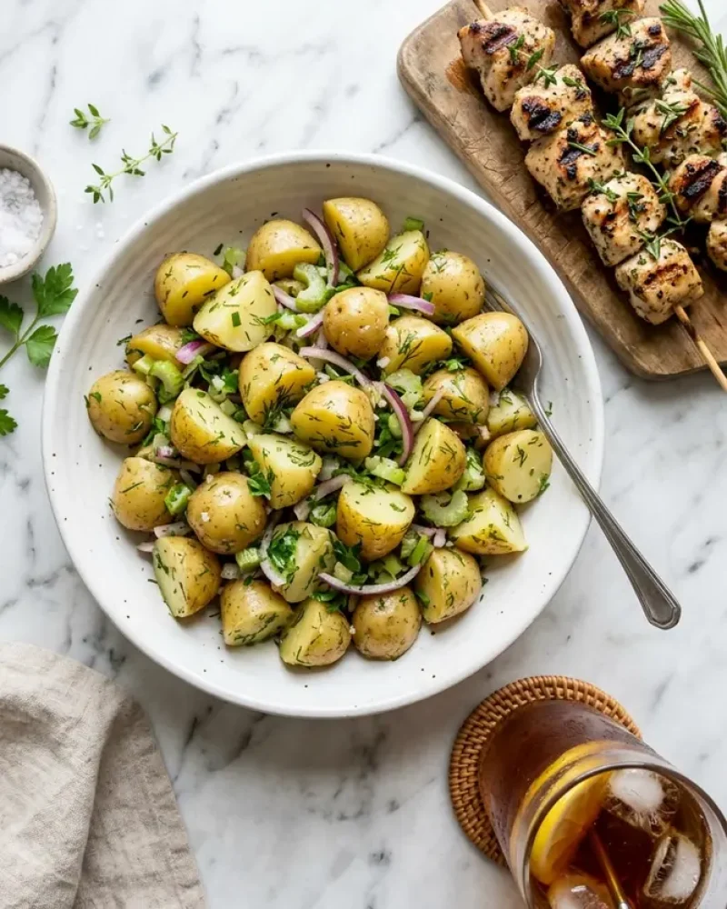 Overhead view of healthy potato salad with grilled chicken and iced tea
