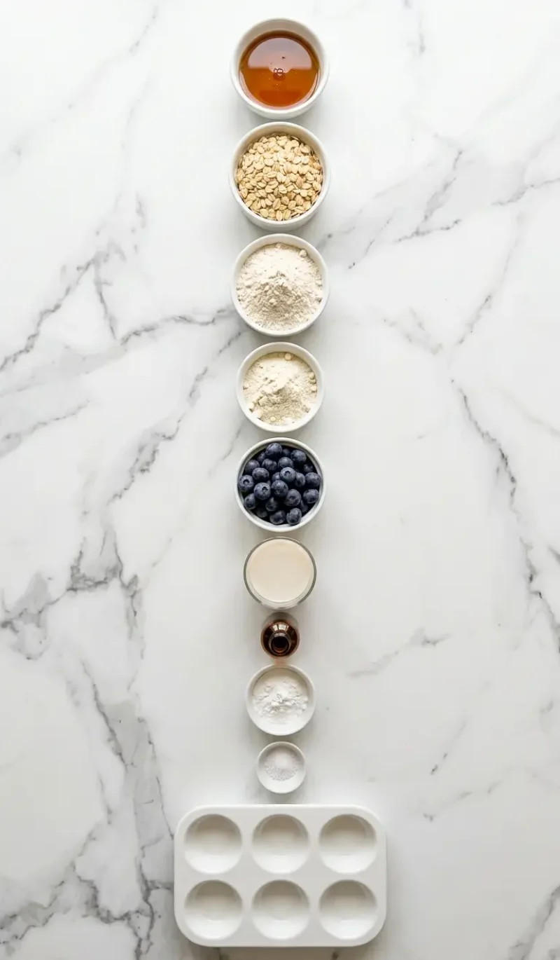 Exploded view of all 9 ingredients for oatmeal blueberry muffins arranged vertically on white marble