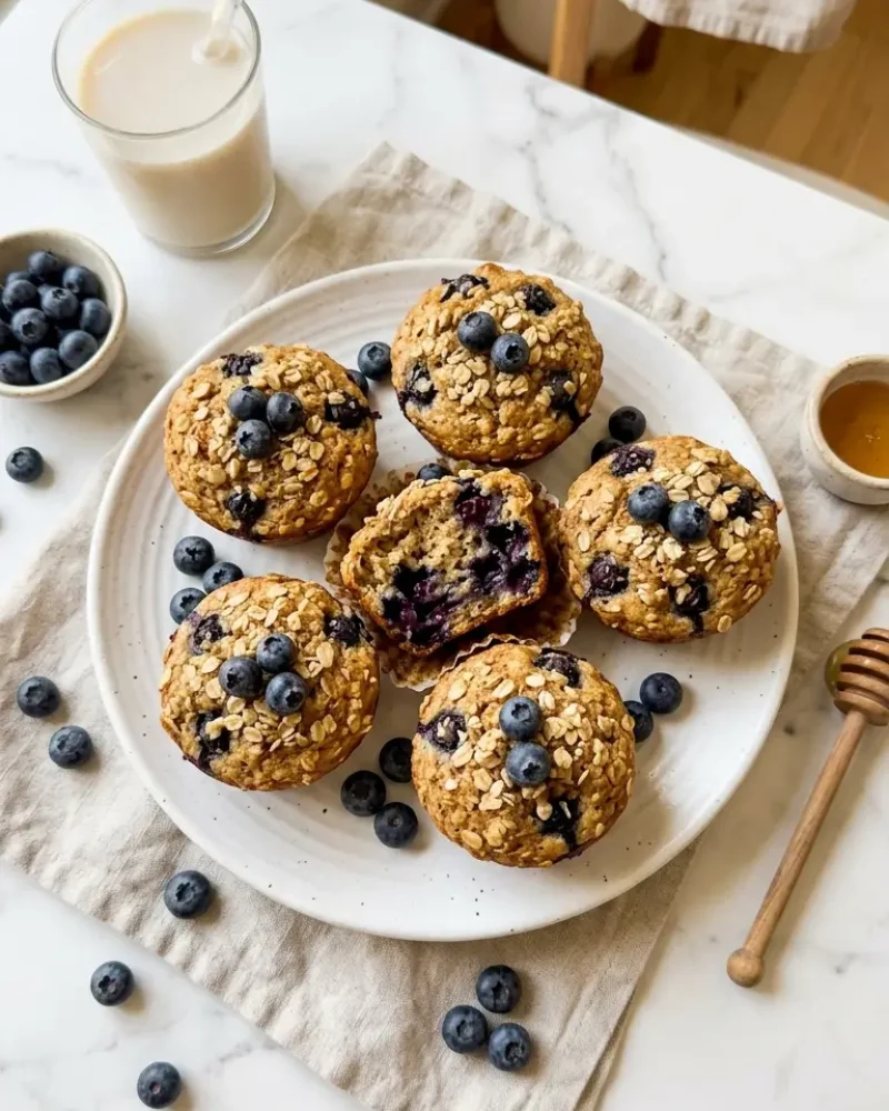 Overhead view of six oatmeal blueberry muffins on a white plate with fresh blueberries and a glass of almond milk