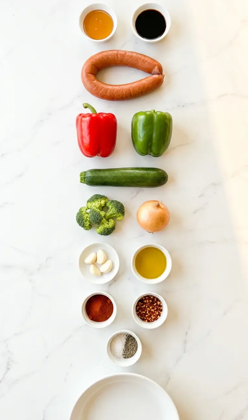 Exploded view of all 14 ingredients for one-pan honey garlic kielbasa and veggies arranged vertically on white marble