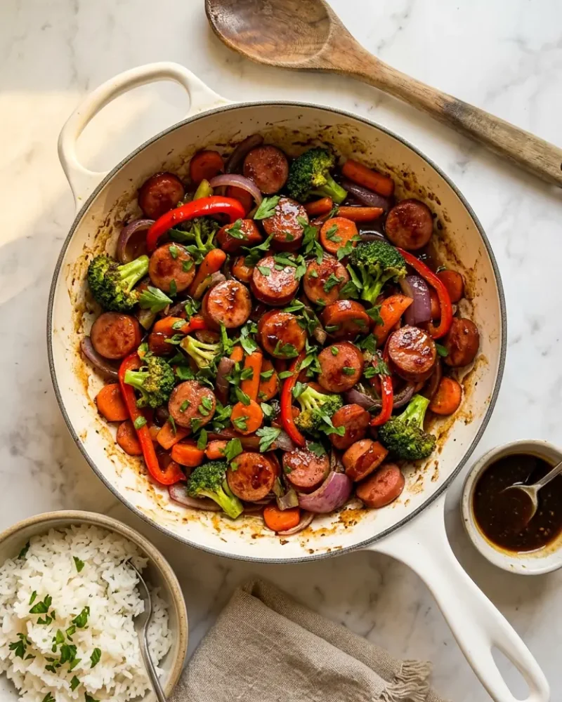 Overhead view of one-pan honey garlic kielbasa and veggies in a white skillet with steamed rice and serving utensils