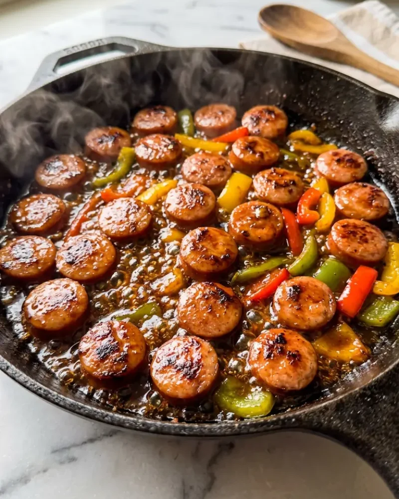 Kielbasa coins searing in honey garlic sauce in a cast iron skillet during one-pan dinner preparation