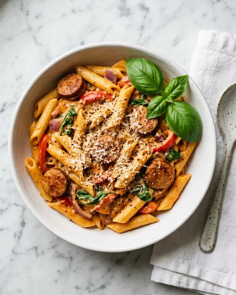 Overhead view of creamy cajun sausage pasta in bowl garnished with parmesan cheese