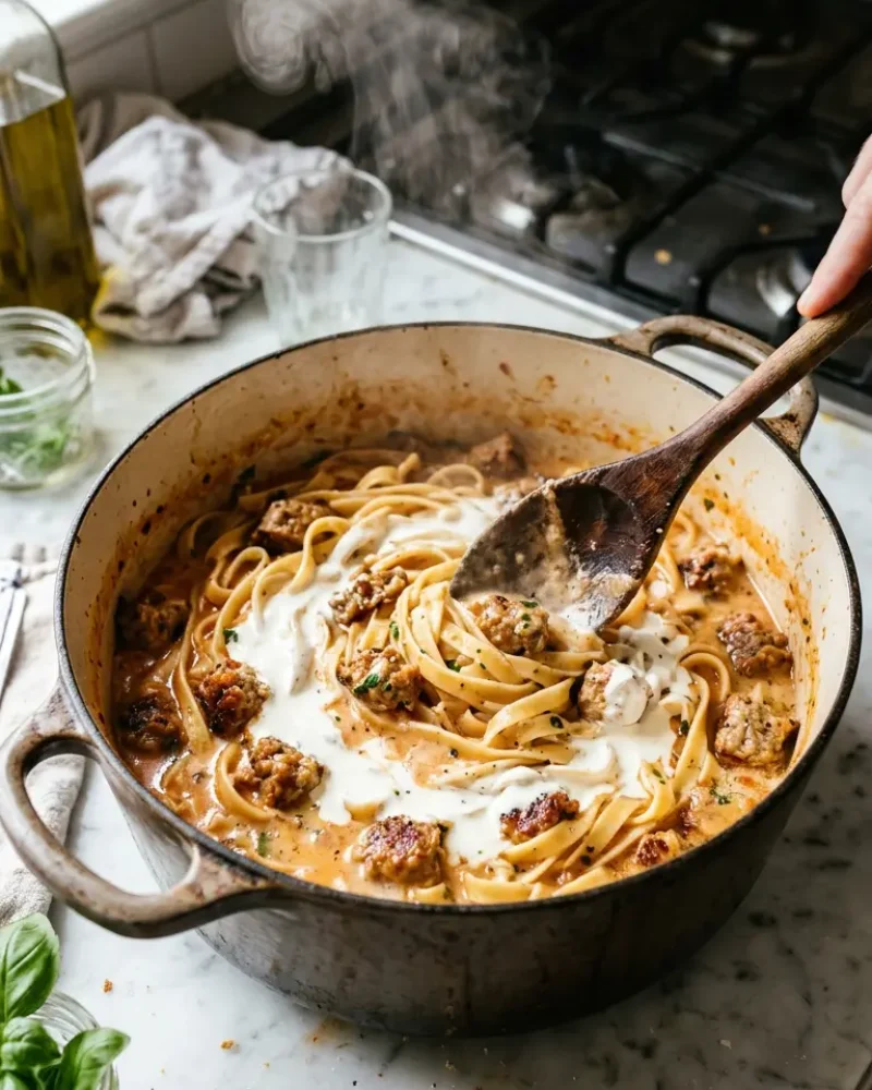 Stirring cream into pasta and sausage creating creamy sauce during cooking