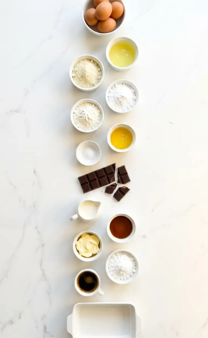 Exploded view of all 14 ingredients for Opera Cake arranged vertically on white marble