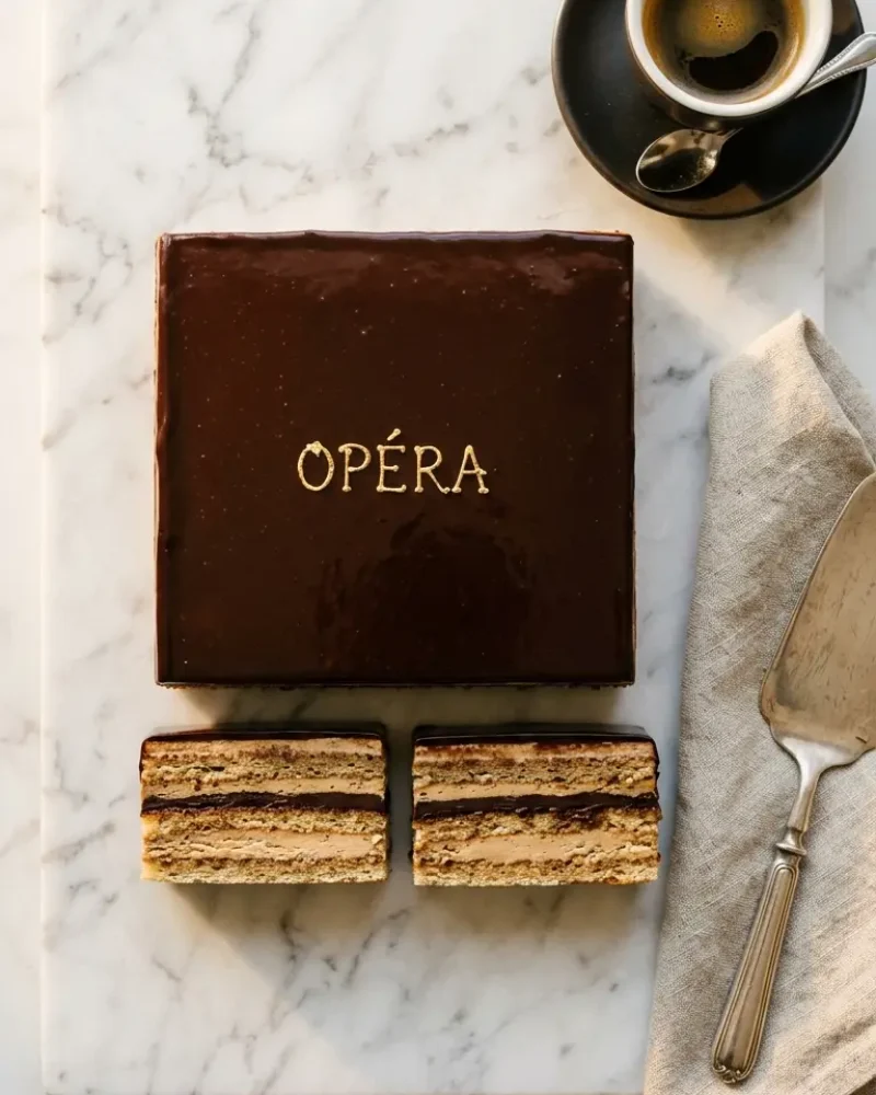 Overhead view of whole Opera Cake with two slices cut to reveal coffee and chocolate layers