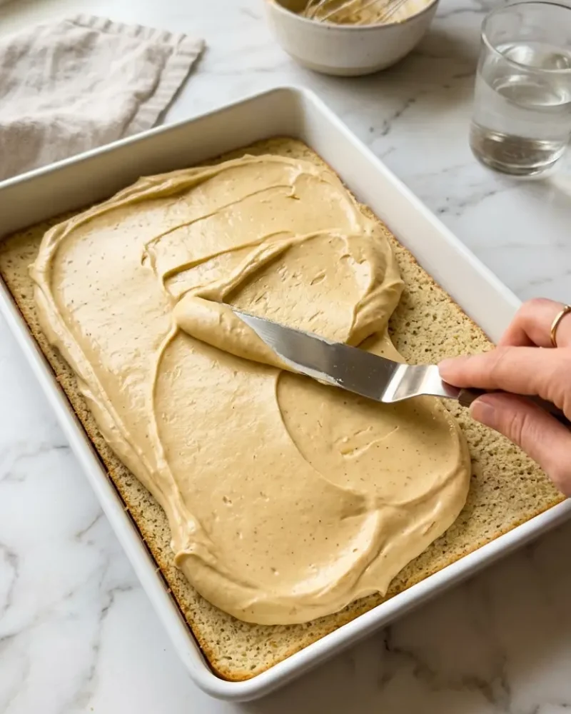 Spreading coffee buttercream over joconde sponge layer during Opera Cake assembly