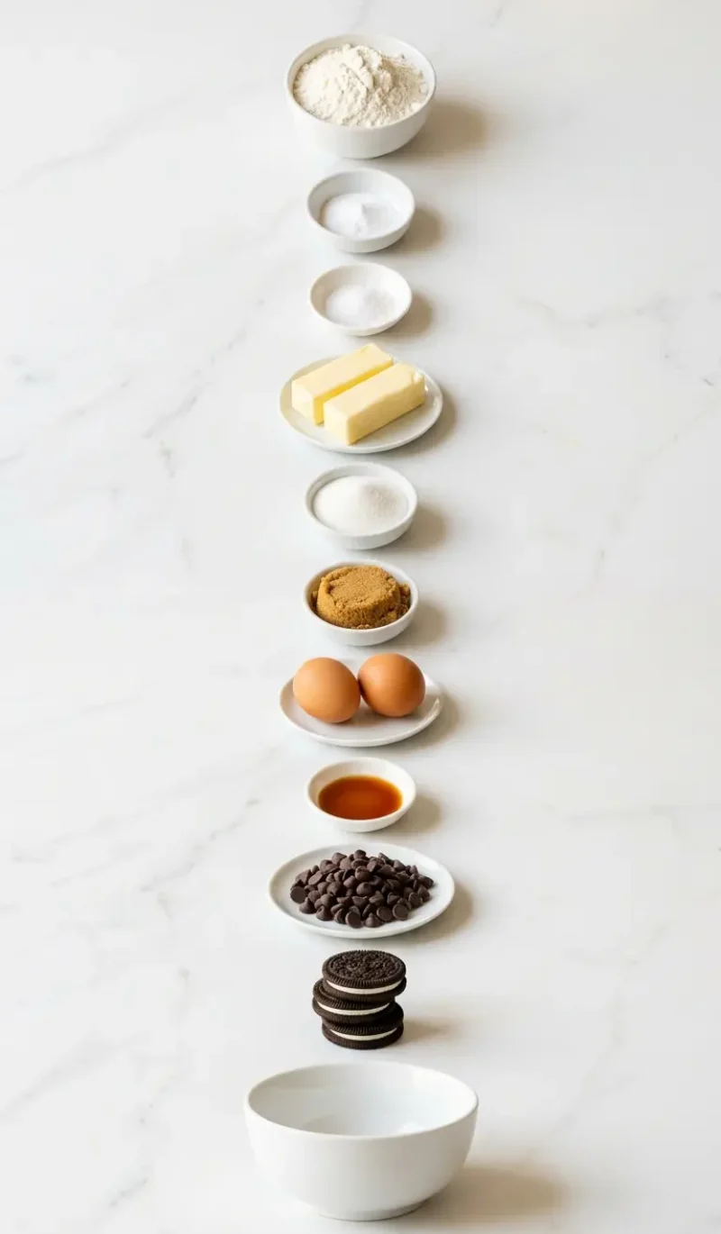 Exploded view of all 10 ingredients for oreo cookie in a cookie recipe arranged vertically on white marble
