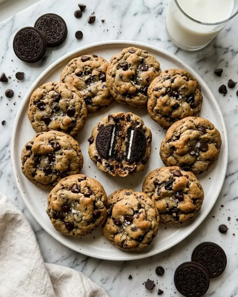 Overhead view of stuffed oreo cookies in a cookie on a white plate with a glass of milk and broken cookie showing the Oreo center