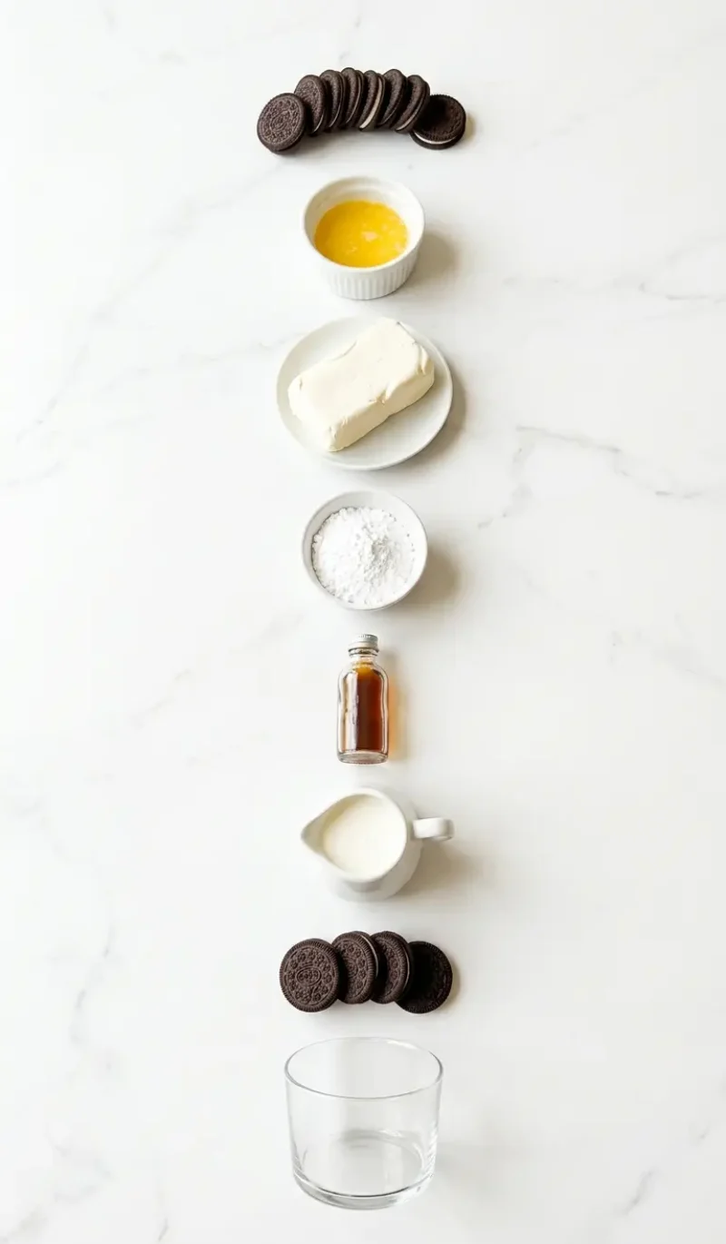 Exploded view of all 8 ingredients for Oreo no-bake cheesecake cups arranged vertically on white marble