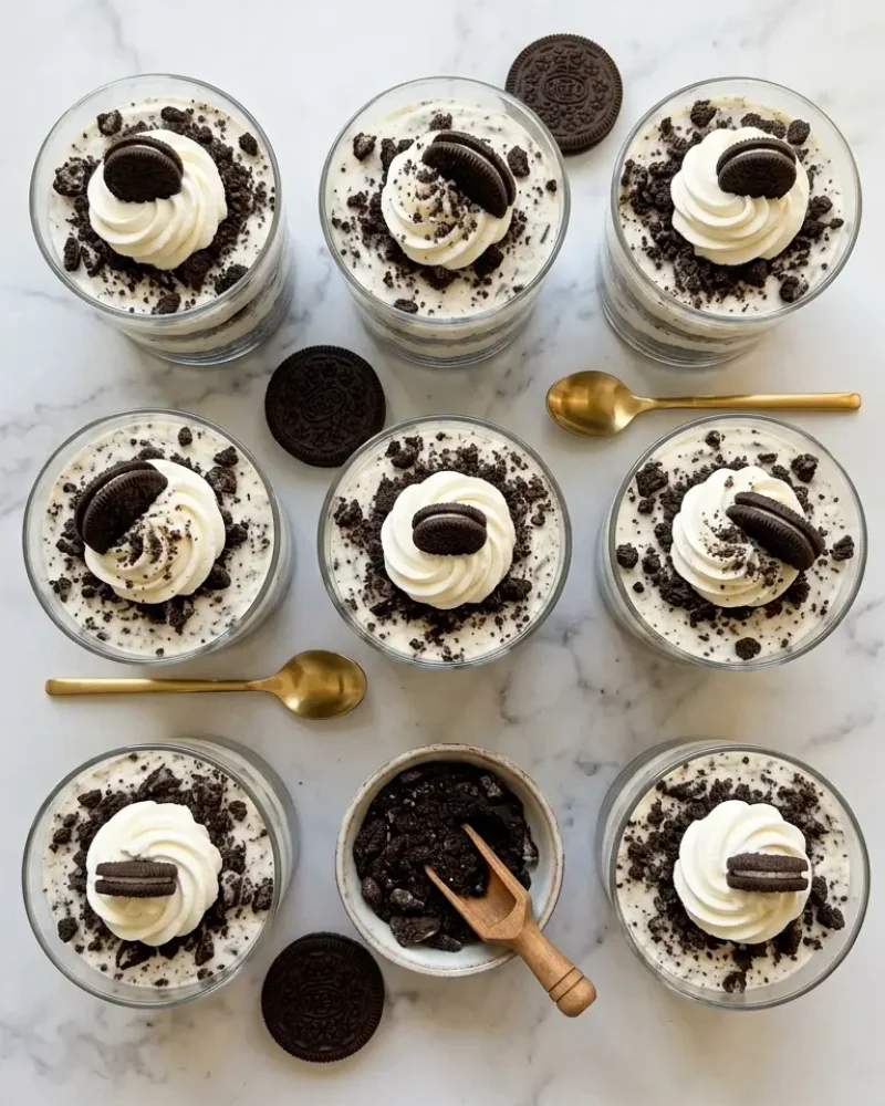 Overhead view of six Oreo no-bake cheesecake cups on white marble with Oreo toppings and gold spoons