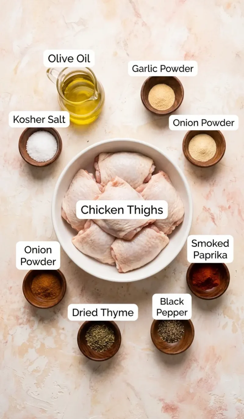 Labelled overhead flatlay of all 9 ingredients for oven baked chicken thighs on a cream and blush plaster surface, each ingredient named