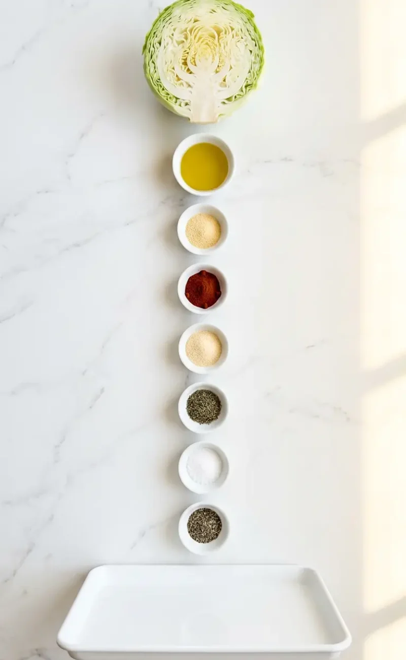 Exploded view of all 9 ingredients for oven roasted garlic cabbage steaks arranged vertically on white marble