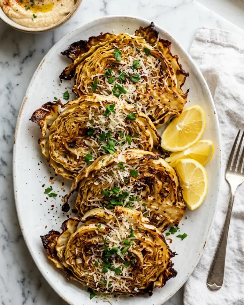 Overhead view of oven roasted garlic cabbage steaks on a white platter with lemon and fresh parsley