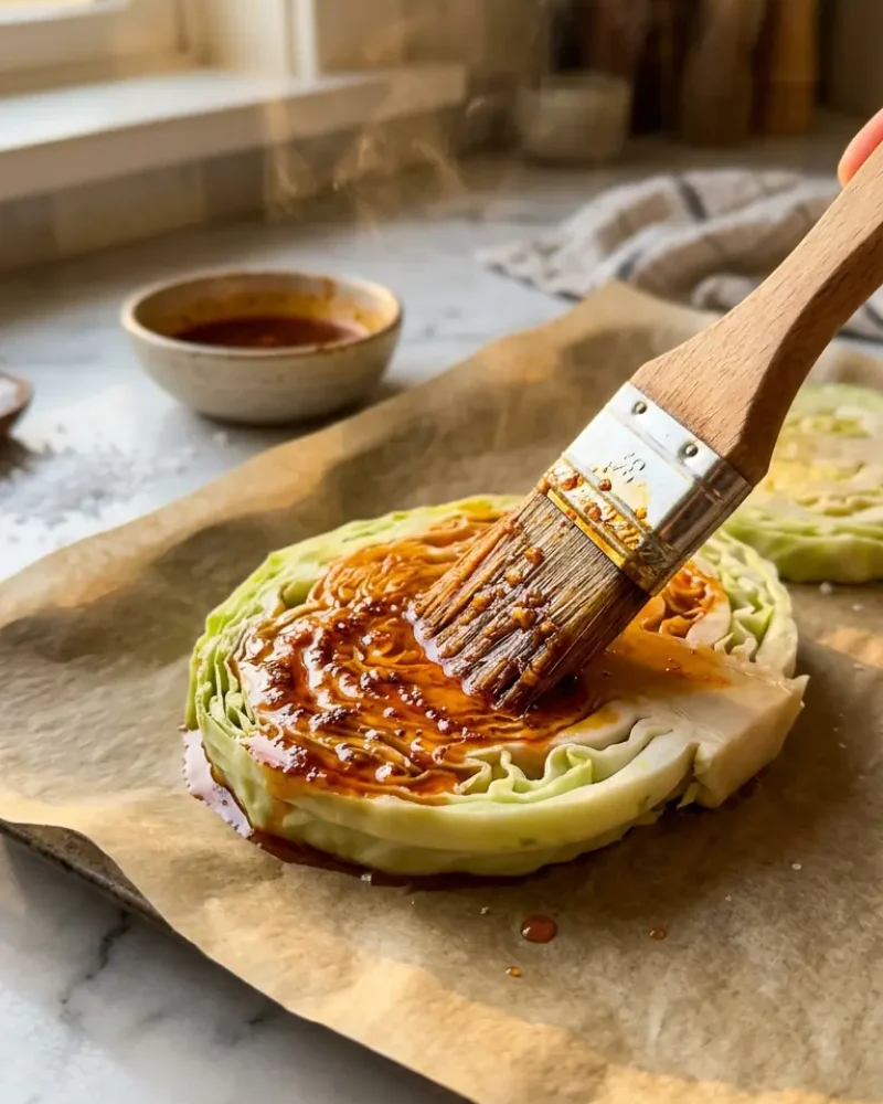 Brushing garlic spiced oil onto raw cabbage steaks on a parchment lined baking sheet