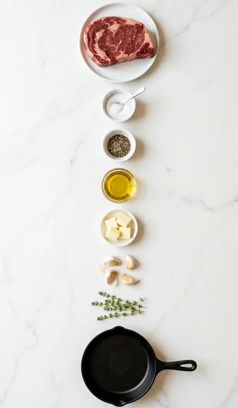 Exploded view of all 8 ingredients for pan seared steak with garlic butter arranged vertically on white marble