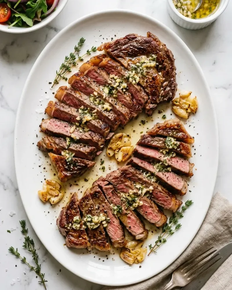 overhead view of sliced pan seared steak with garlic butter on a white platter with sides