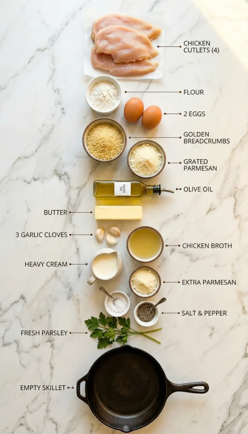 Exploded view of all 13 ingredients for parmesan crusted chicken arranged vertically above an empty skillet on white marble.
