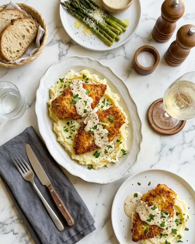 Overhead view of parmesan crusted chicken dinner spread with mashed potatoes, asparagus, and white wine on white marble.