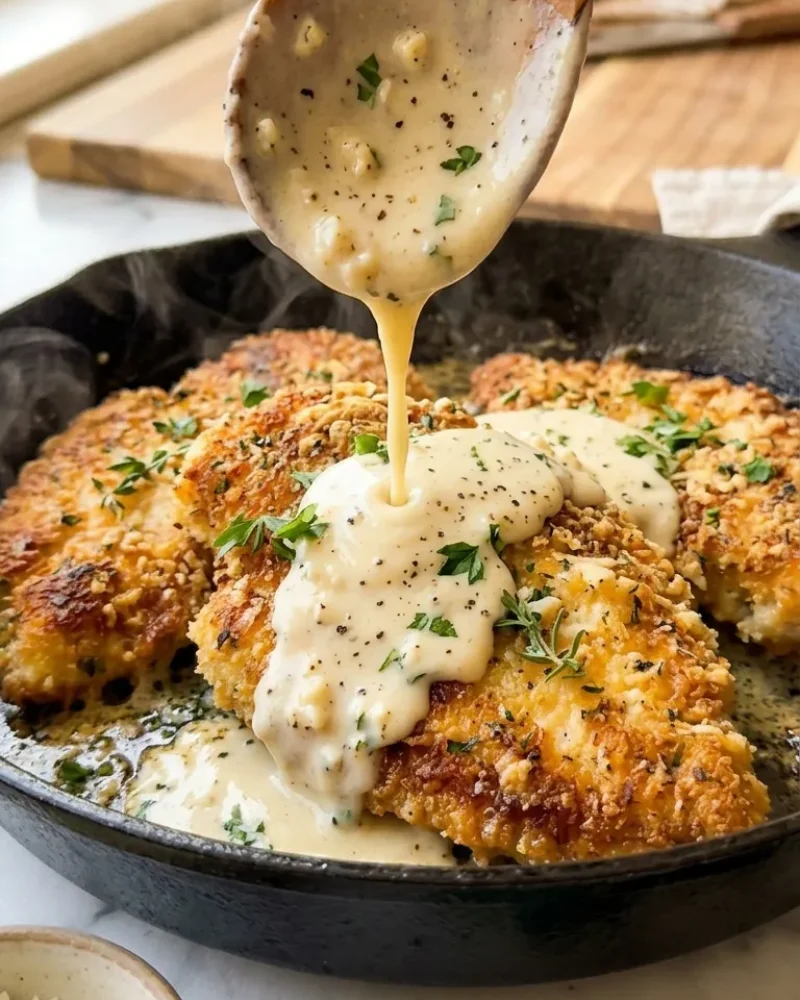 Creamy garlic Parmesan sauce being spooned over golden parmesan crusted chicken cutlets in a skillet with steam rising.