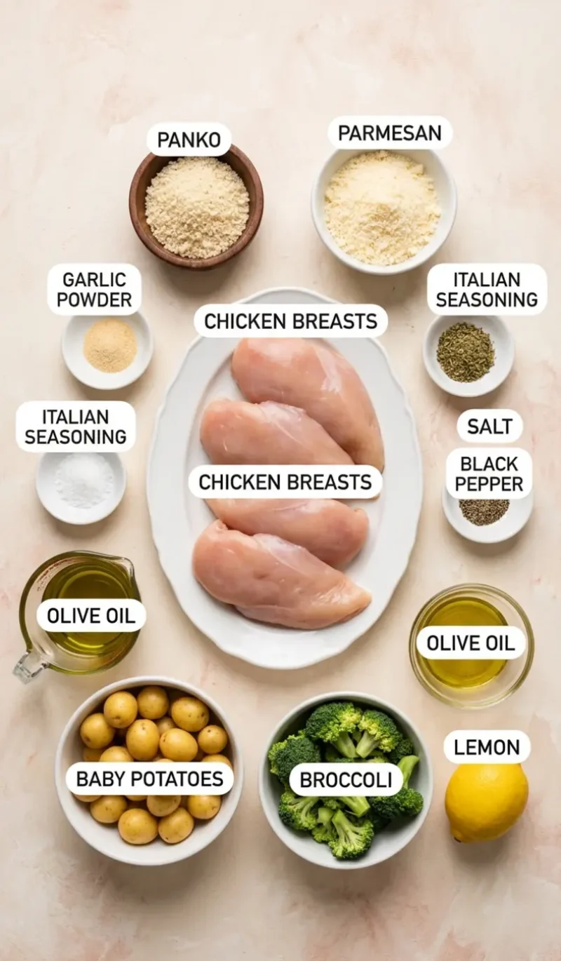 Labelled overhead flatlay of all 11 ingredients for Parmesan Crusted Chicken Sheet Pan Dinner on a cream and blush plaster surface