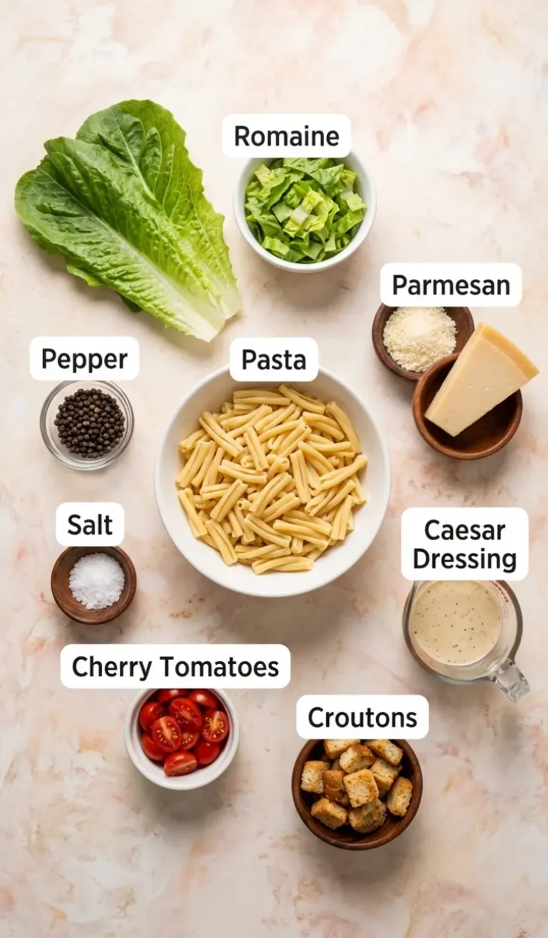 Labelled overhead flatlay of all 8 ingredients for Pasta Caesar Salad on a cream and blush plaster surface, each ingredient named