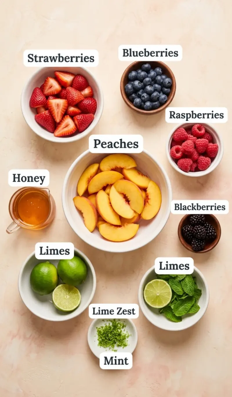 all 9 ingredients for peach berry fruit salad arranged on a cream and blush plaster surface, each ingredient named