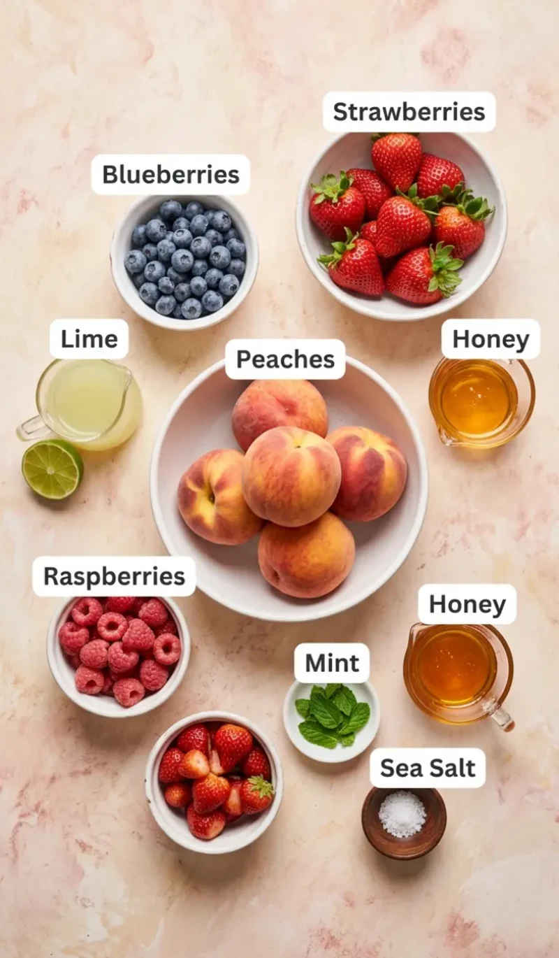 all 8 ingredients for peach berry fruit salad arranged on a cream and blush plaster surface