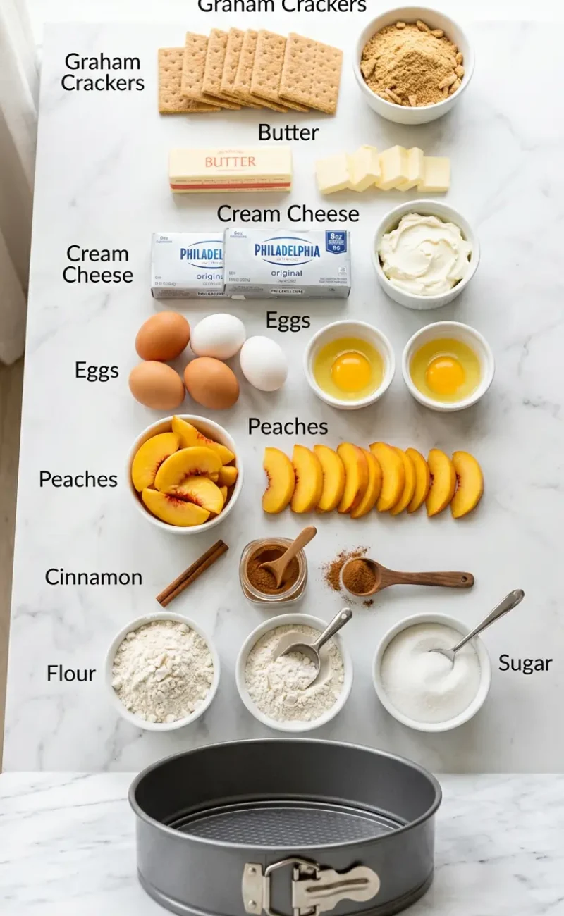 Exploded view of all ingredients for peach cobbler cheesecake arranged vertically