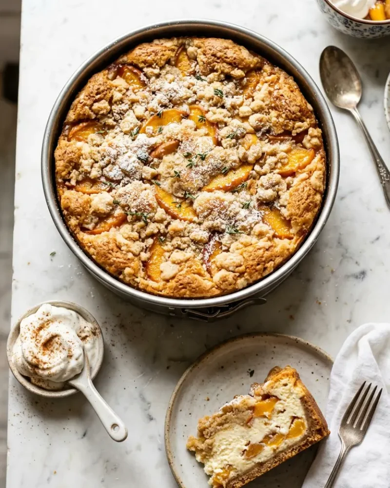 Overhead view of whole peach cobbler cheesecake with serving slice and whipped cream