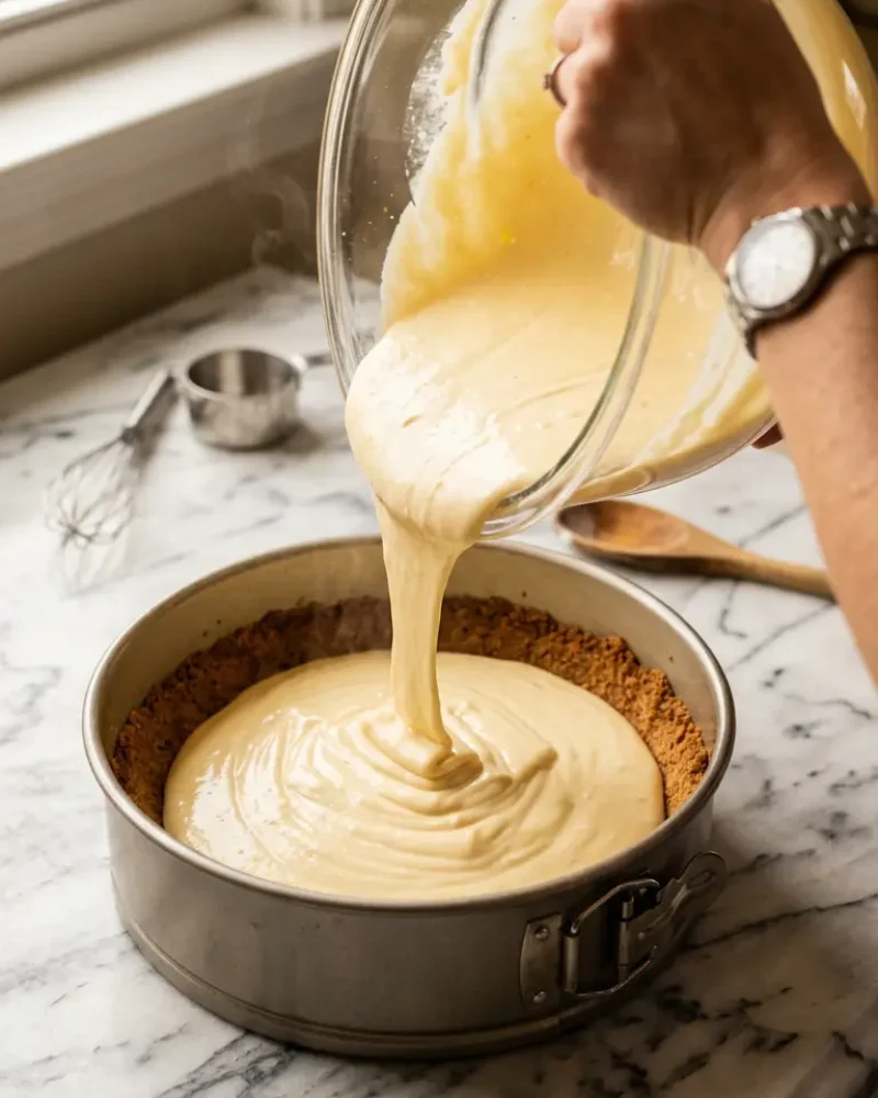 Pouring creamy cheesecake filling over graham cracker crust during preparation