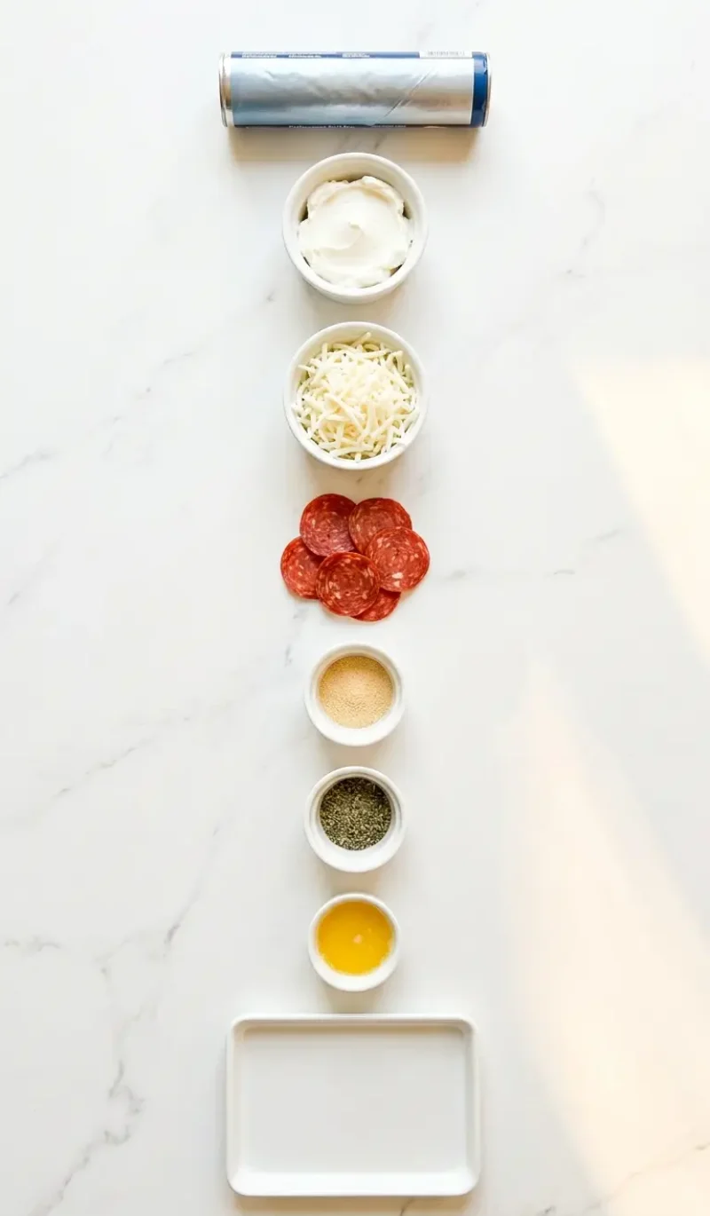 Exploded view of all 8 ingredients for pepperoni cream cheese crescent rolls arranged vertically on white marble