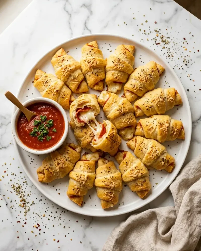 Overhead view of pepperoni cream cheese crescent rolls on a white plate with marinara dipping sauce