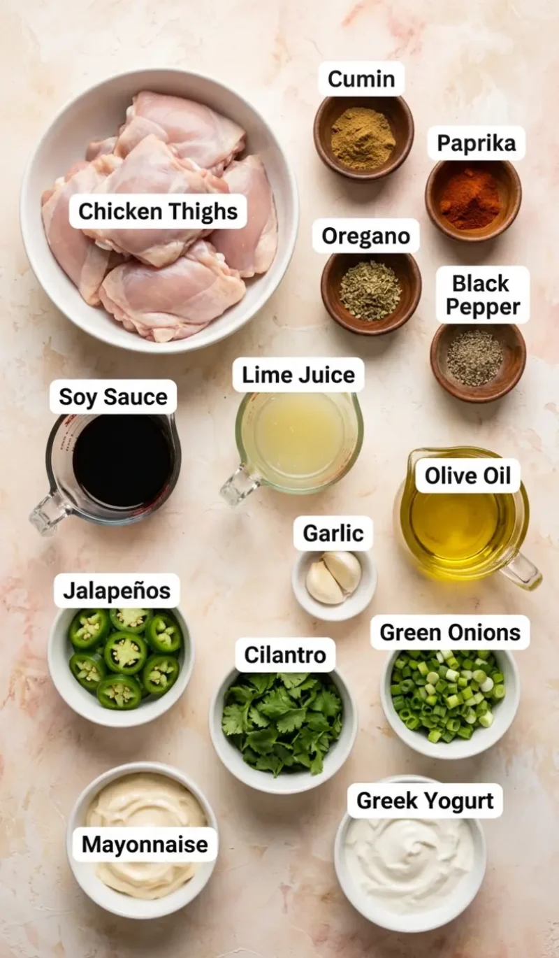 Labelled overhead flatlay of all 14 ingredients for Peruvian Grilled Chicken with Creamy Green Sauce on a cream and blush plaster surface